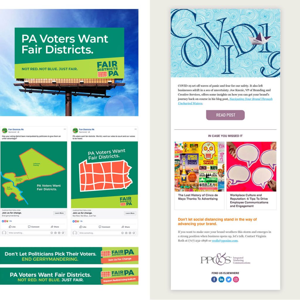 Showing display ads, billboard and Facebook ads for FDPA; also showing eBlast design for PPO&S.